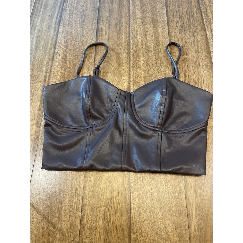 Express Body Contour Faux Leather Corset Cami Crop Top Brown S Seamed Bust A271